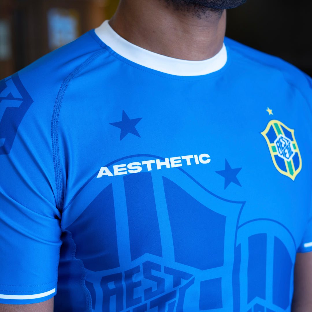 AESTHETIC Bruninho Short Sleeve BJJ Rashguard - Blue front fit